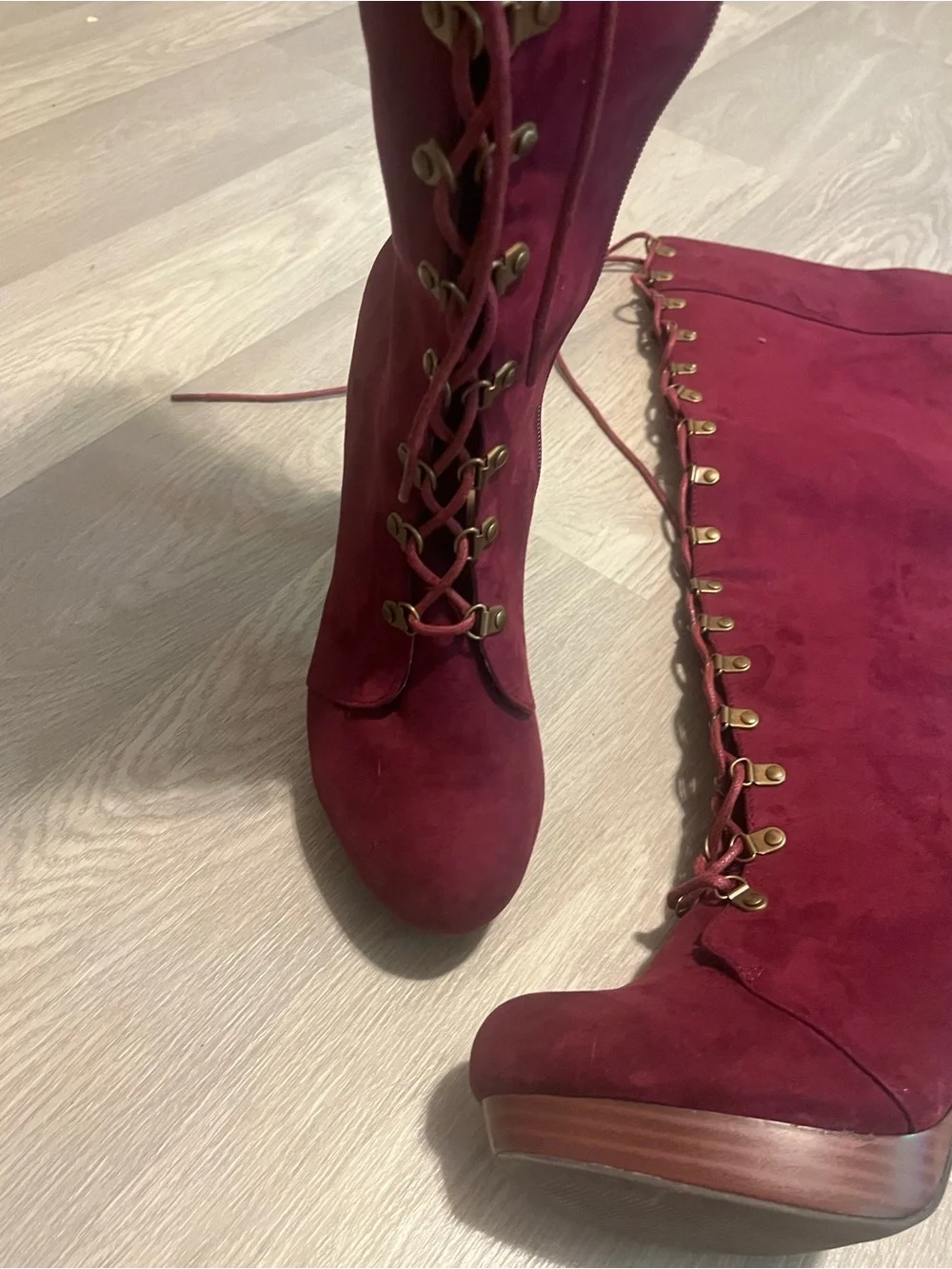 Women's Over-the-Knee Lace-Up Platform Boots in Burgundy witchy Fairycore